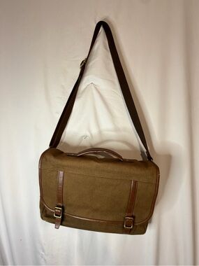 Fossil Brown Canvas Leather Messenger Bag Laptop Briefcase Key Charm Crossbody